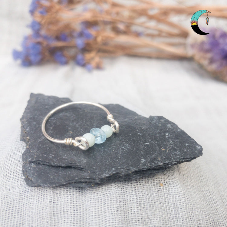 silver fidget spinner line stanckable ring with amazonite and aquamarine beads
