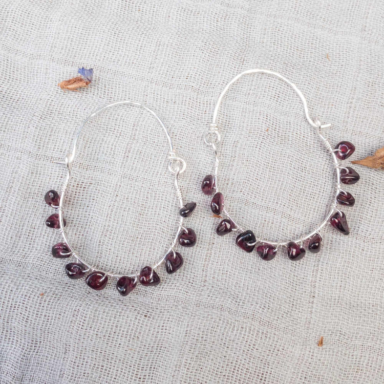 red garnet silver hoop earrings