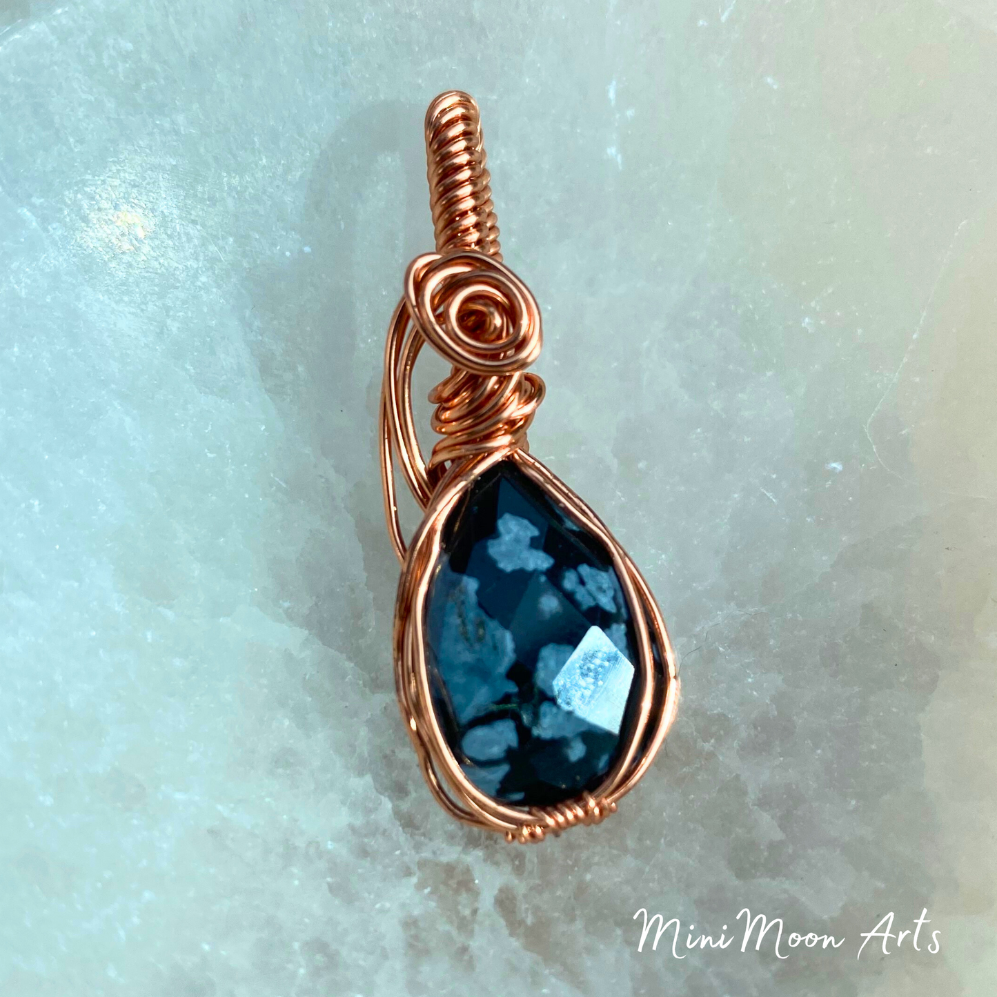 Seed Of The Dandelion | Snowflake Obsidian Bright Copper Wire Wrapped Pendant