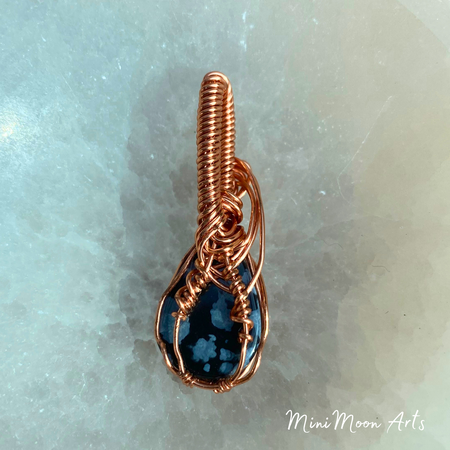Seed Of The Dandelion | Snowflake Obsidian Bright Copper Wire Wrapped Pendant