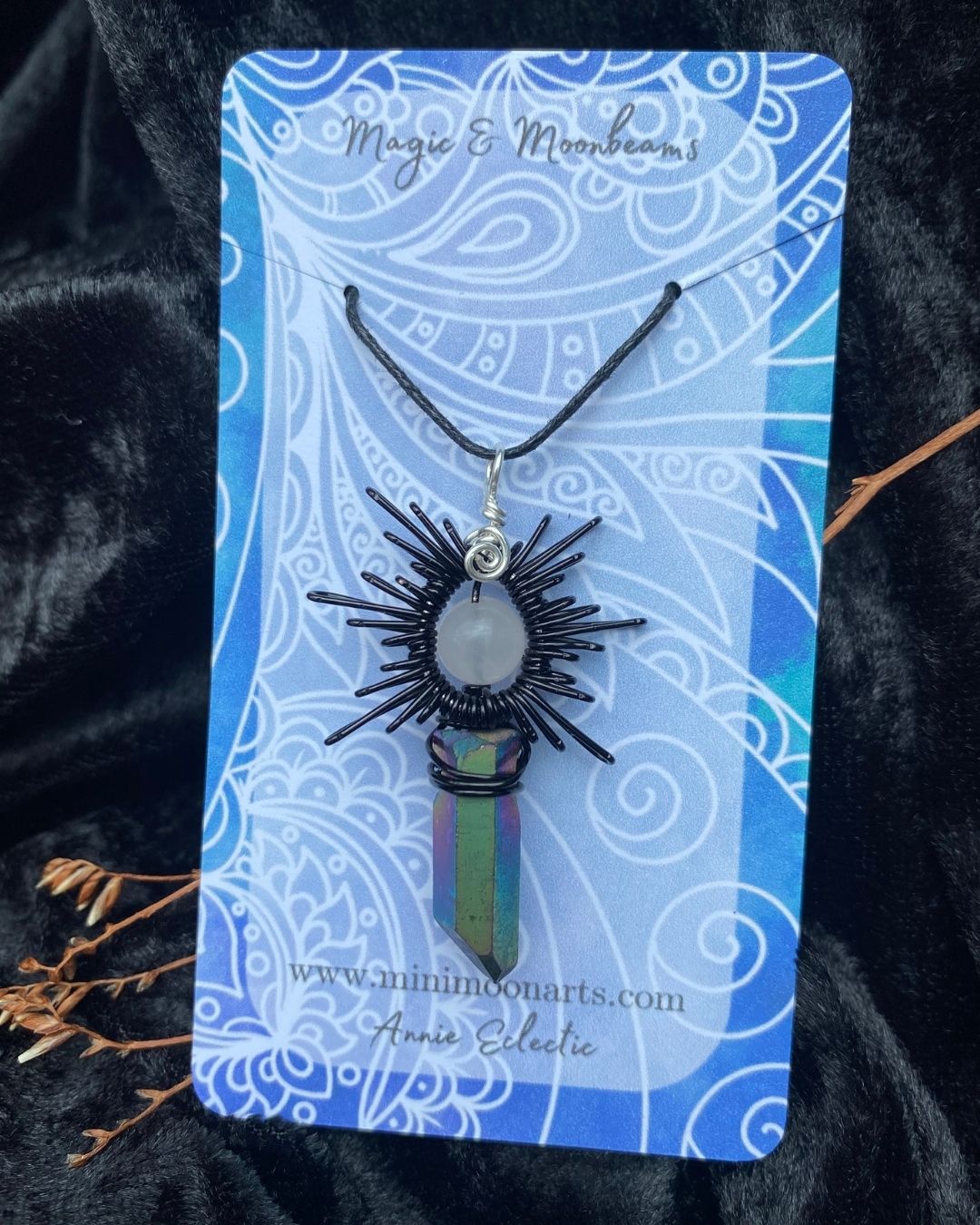 Rose Quartz & Rainbow Titanium Quartz Point Star Burst Handcrafted Black Wire Wrapped Pendant