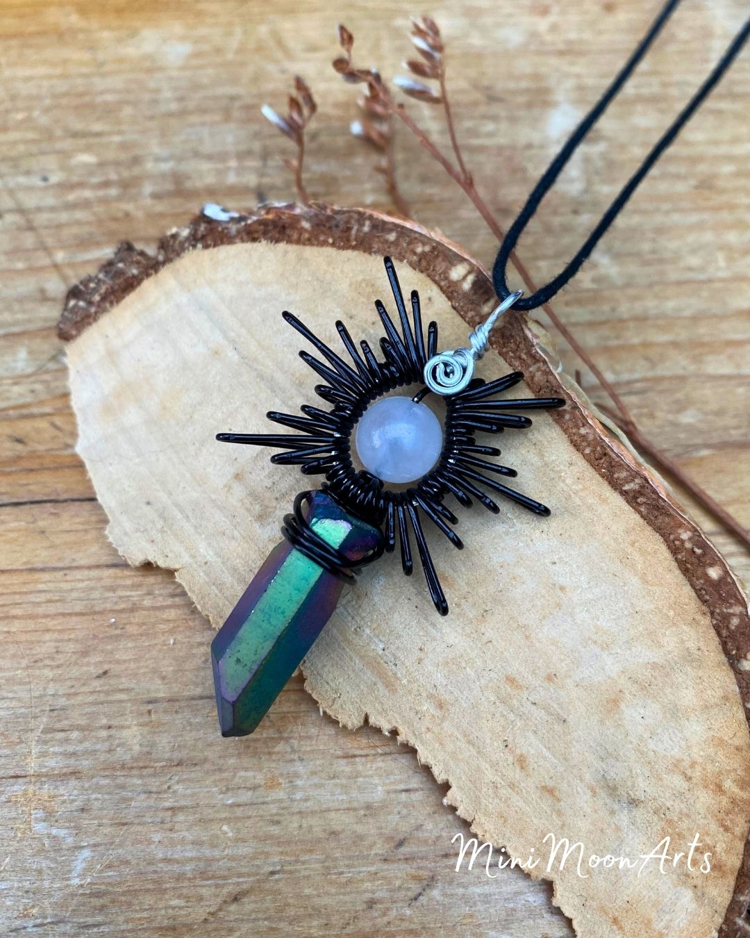 Rose Quartz & Rainbow Titanium Quartz Point Star Burst Handcrafted Black Wire Wrapped Pendant