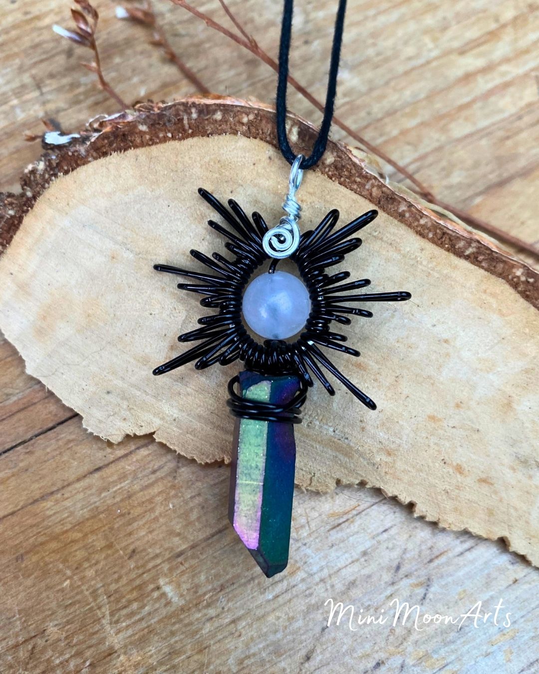 Rose Quartz & Rainbow Titanium Quartz Point Star Burst Handcrafted Black Wire Wrapped Pendant