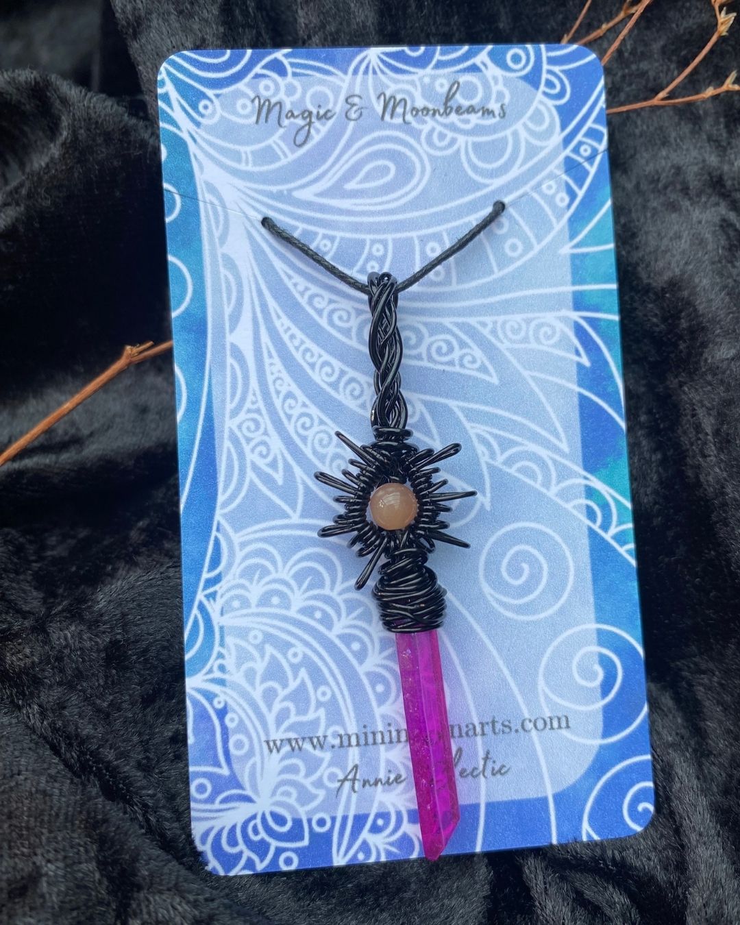 Sunstone Quartz & Purple Titanium Quartz Point Star Burst Handcrafted Black Wire Wrapped Pendant