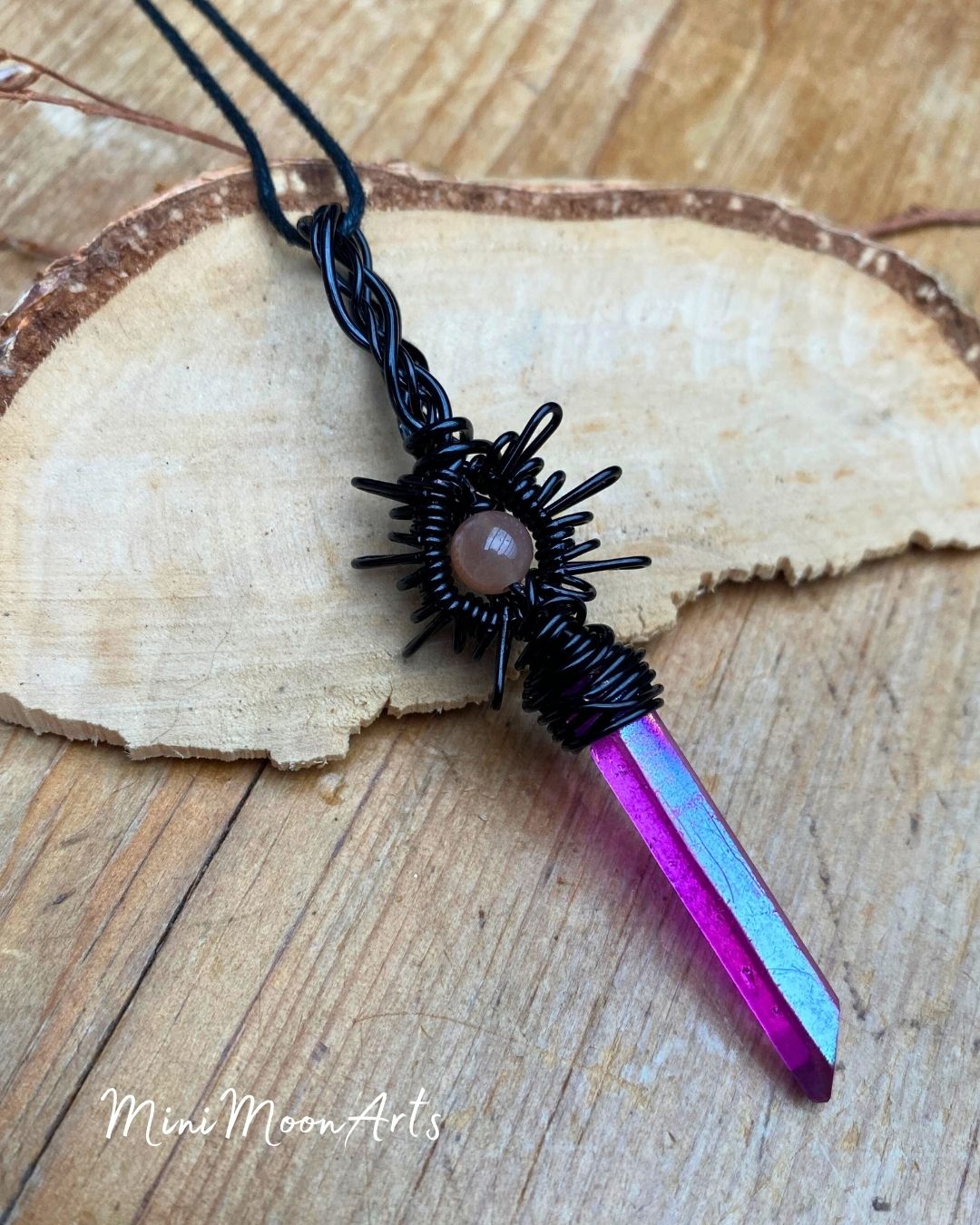Sunstone Quartz & Purple Titanium Quartz Point Star Burst Handcrafted Black Wire Wrapped Pendant