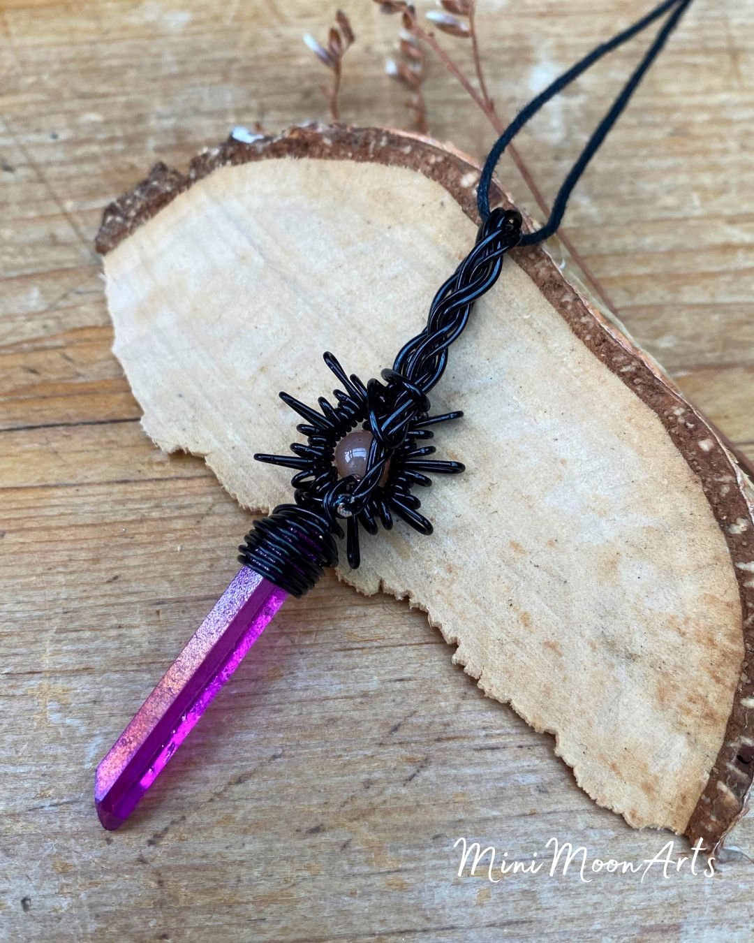 Sunstone Quartz & Purple Titanium Quartz Point Star Burst Handcrafted Black Wire Wrapped Pendant