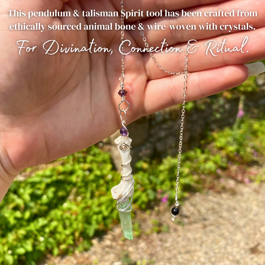 Spirit pendulum of Black bird bone, Amethyst and Green Aura Quartz