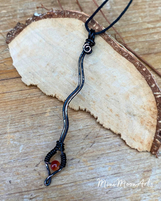 Carnelian Snake Handcrafted Black Wire Wrapped Pendant