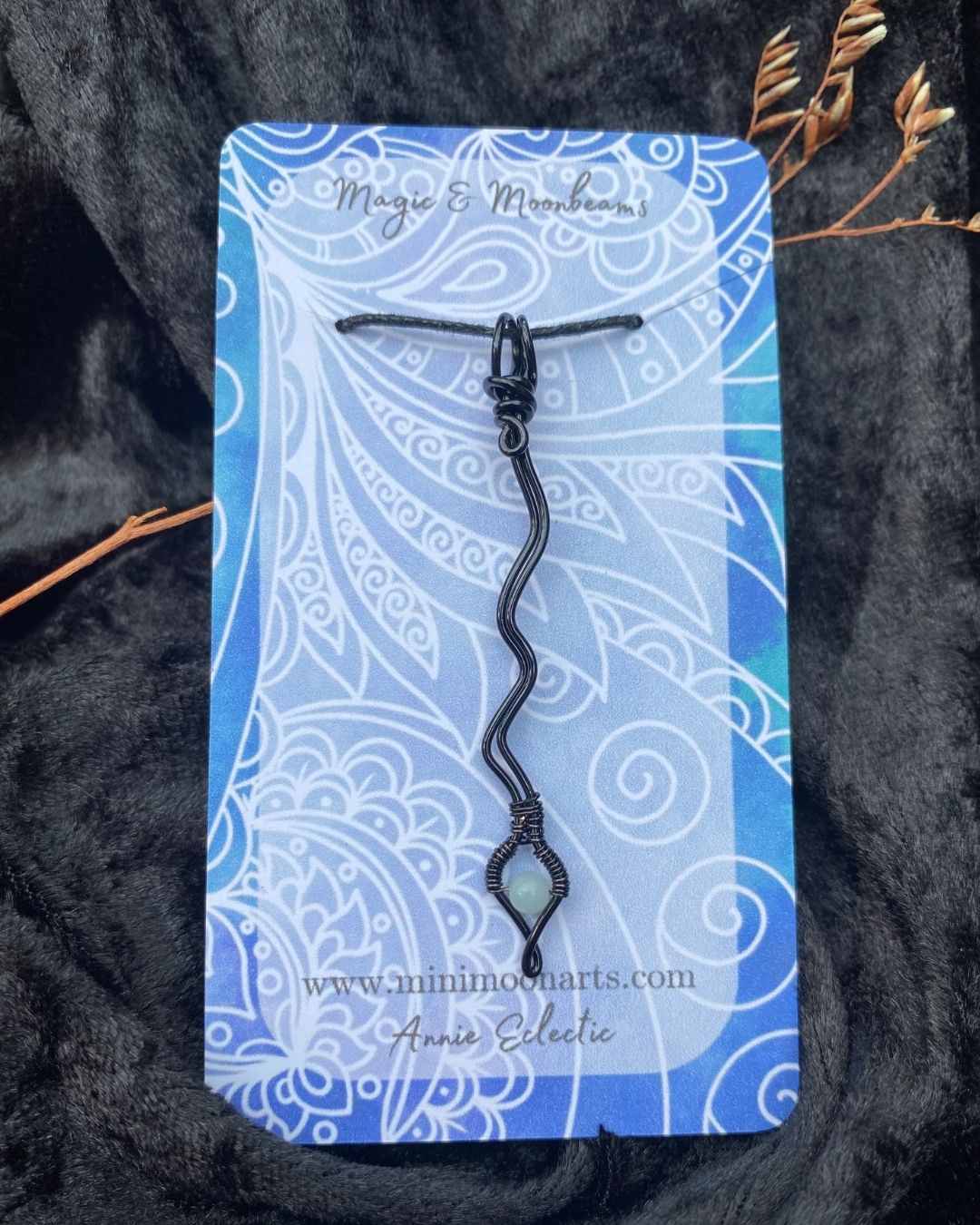 Amazonite Snake Handcrafted Black Wire Wrapped Pendant