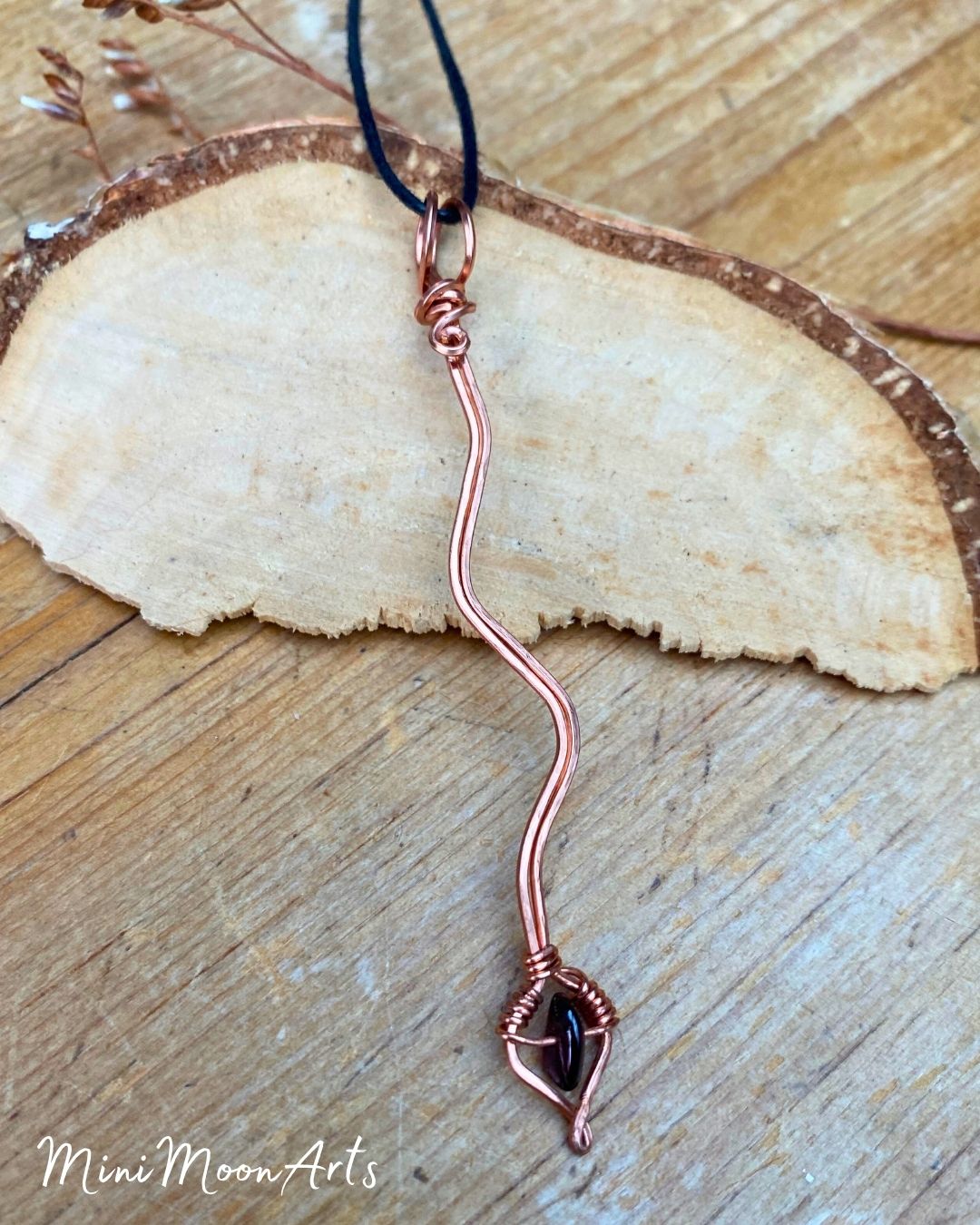 Red Garnet Snake Handcrafted Black Wire Wrapped Pendant
