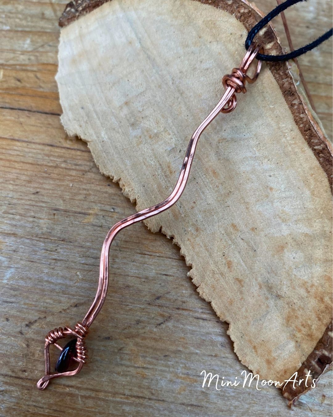 Red Garnet Snake Handcrafted Black Wire Wrapped Pendant