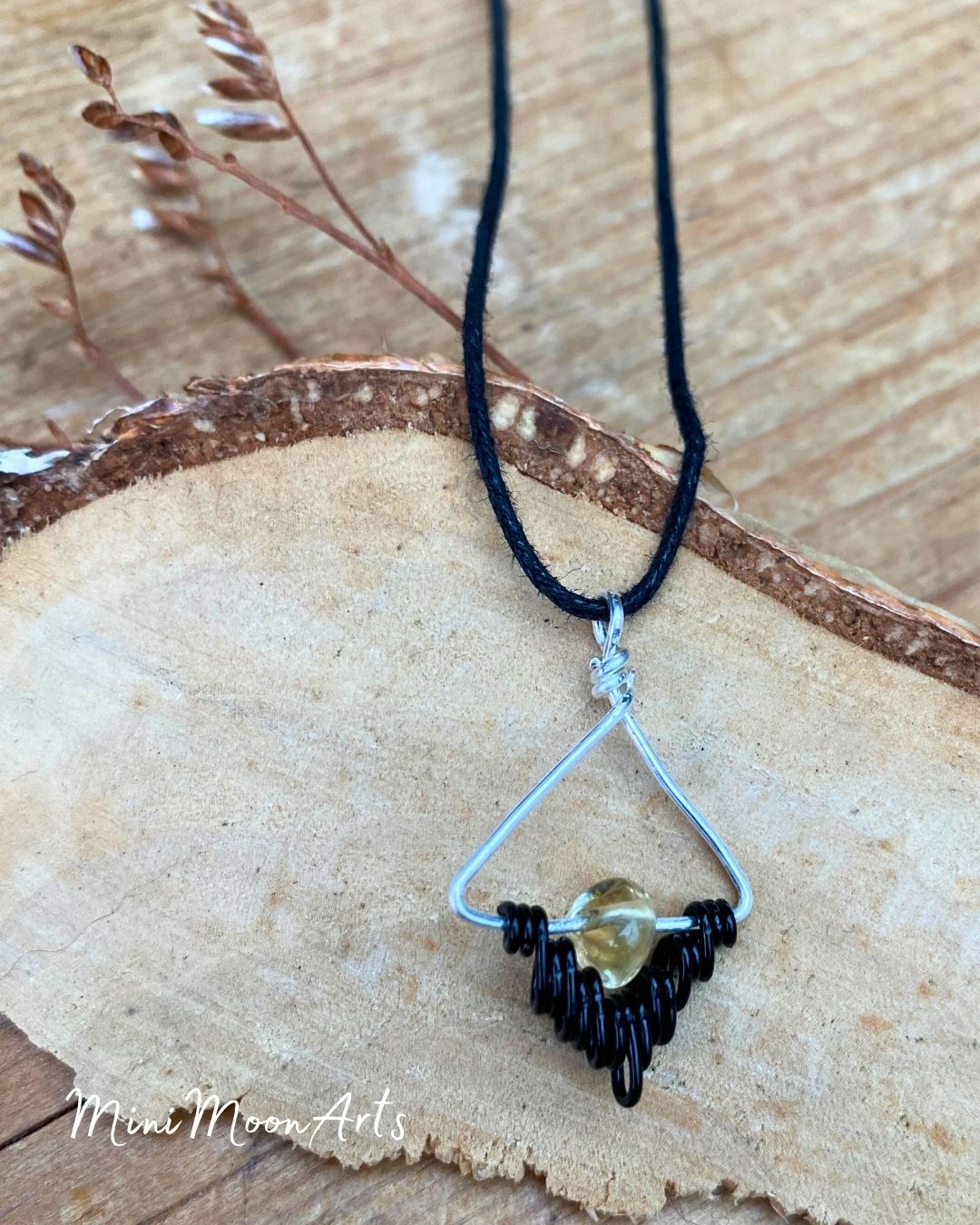 Citrine Delicate Handcrafted Black & Silver Filled Wire Wrapped Pendant