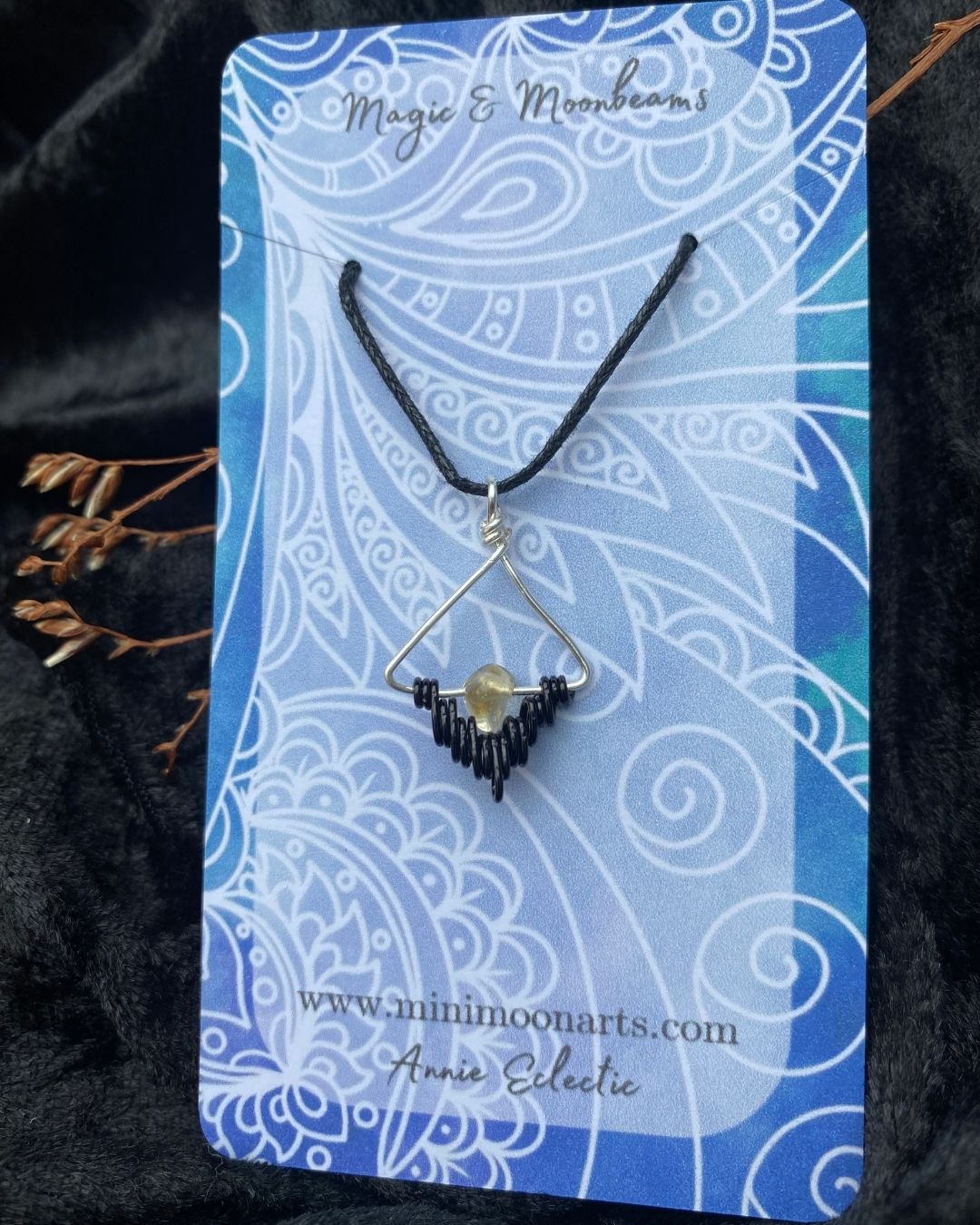 Citrine Delicate Handcrafted Black & Silver Filled Wire Wrapped Pendant