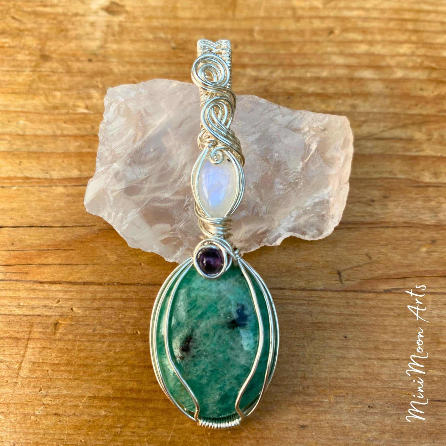Amazonite, Moonstone & Amethyst Silver Filled Wire Wrapped Pendant
