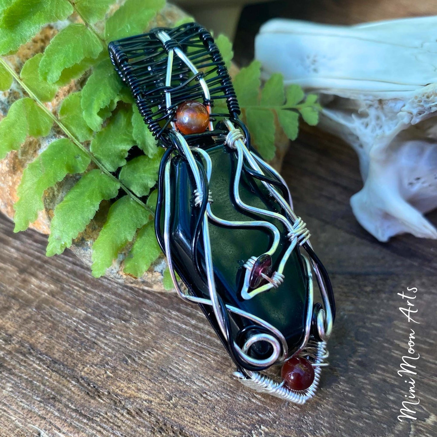 Deep Transformation | Black Obsidian Coffin, Red Garnet Snake & Carnelian Copper & Black Plated Copper Wire Wrapped Pendant