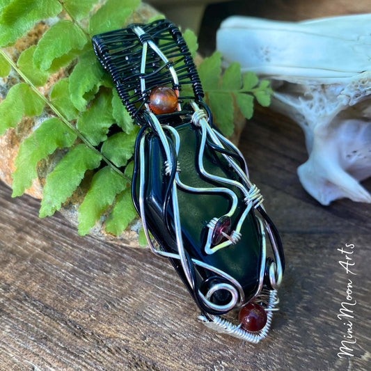 Deep Transformation | Black Obsidian Coffin, Red Garnet Snake & Carnelian Copper & Black Plated Copper Wire Wrapped Pendant