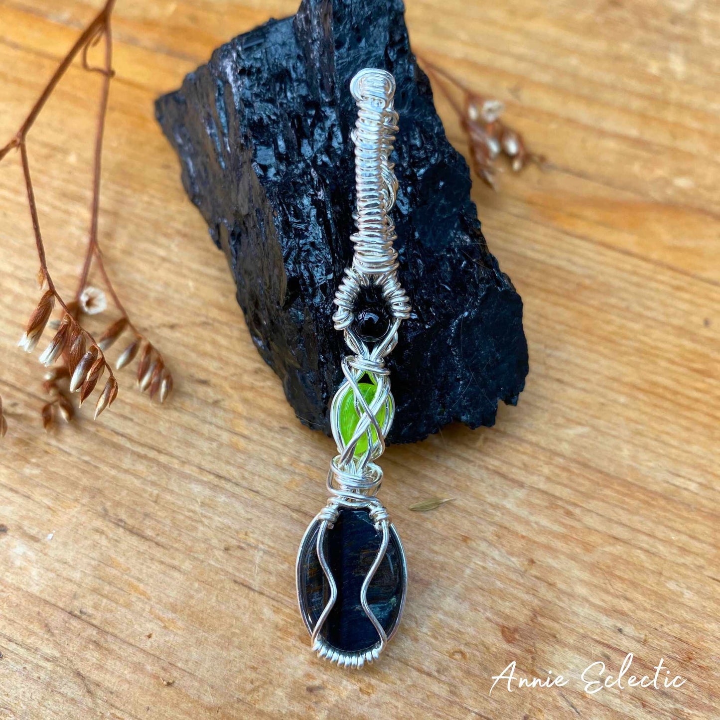 Blue tigers eye, Lime Jade & Black Agate Silver Filled Wire Wrapped Pendant