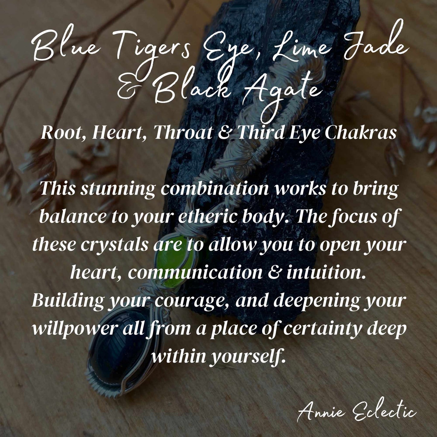 Blue tigers eye, Lime Jade & Black Agate Silver Filled Wire Wrapped Pendant