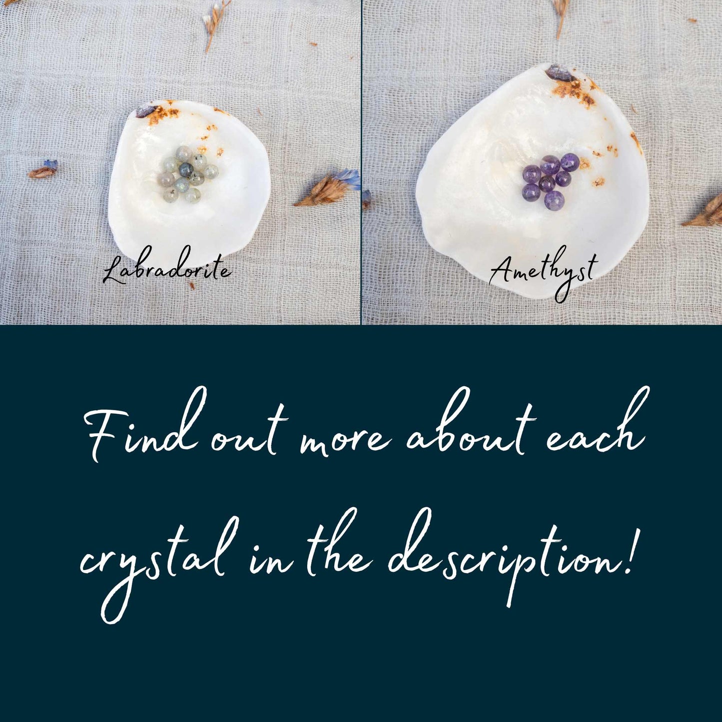 Crystals available being shown: labradorite, amethyst, find out more about each crystal in the description