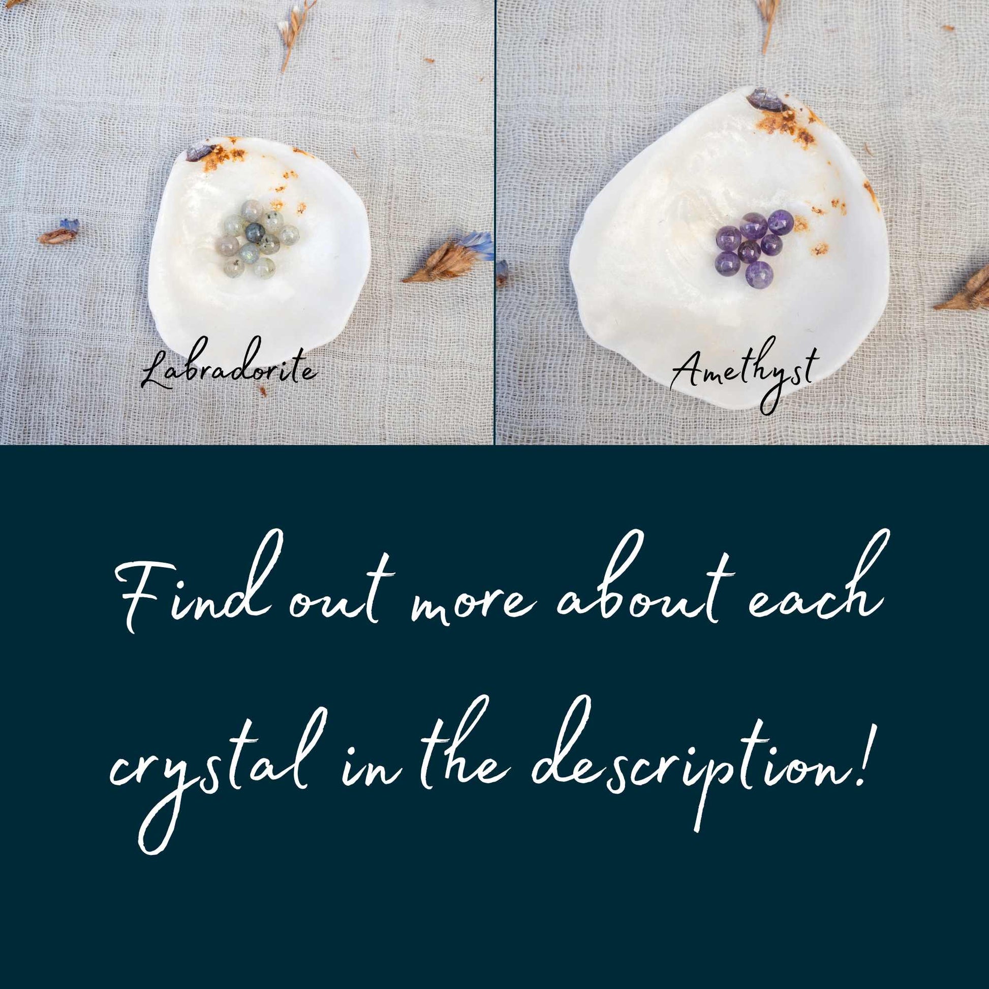 Crystals available being shown: labradorite, amethyst, find out more about each crystal in the description