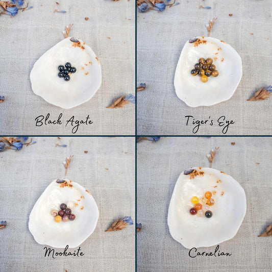 Crystals available being shown: Black agate, tigers eye, mookaite, carnelian