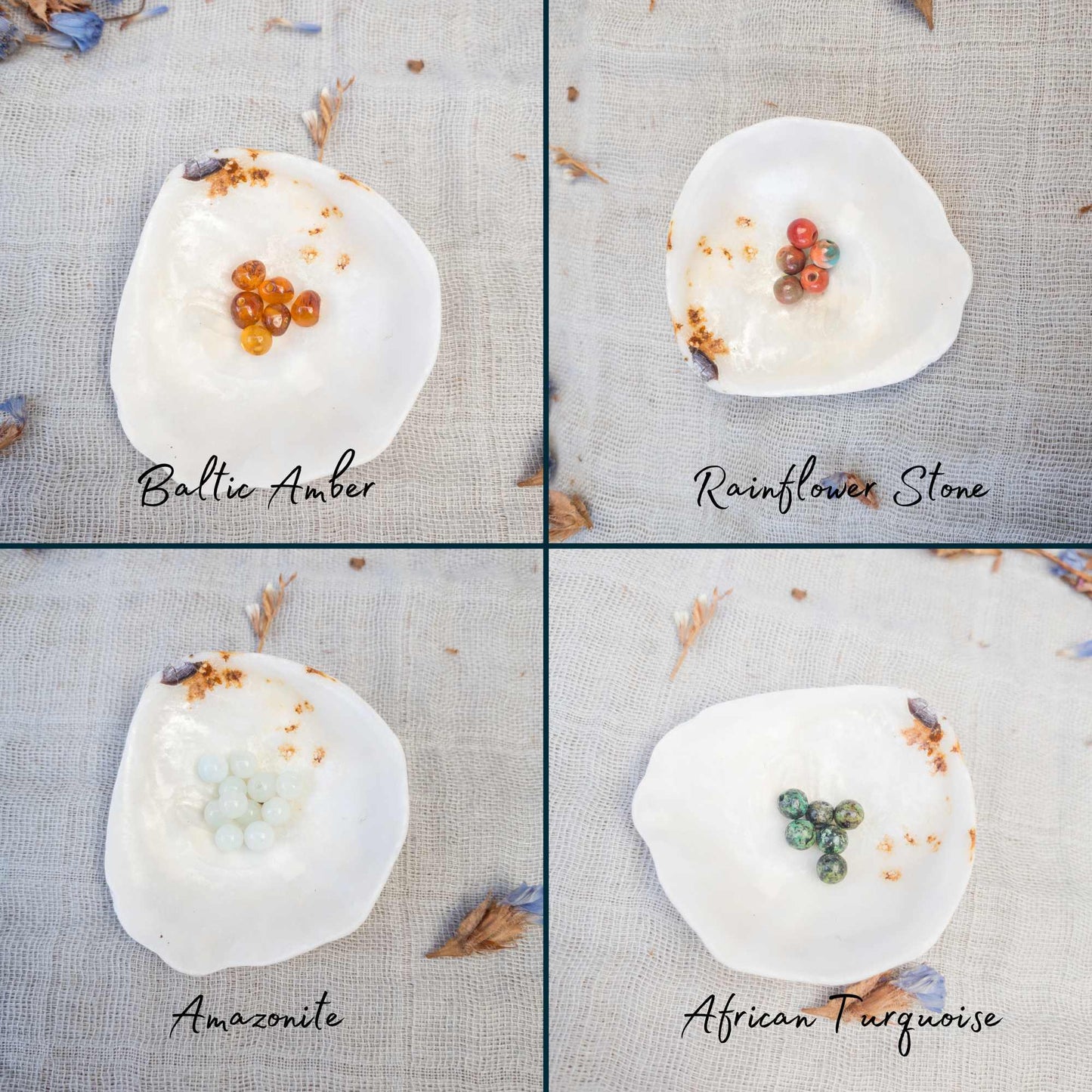 Crystals available being shown: baltic amber, rainflower stone, amazonite, african turquoise