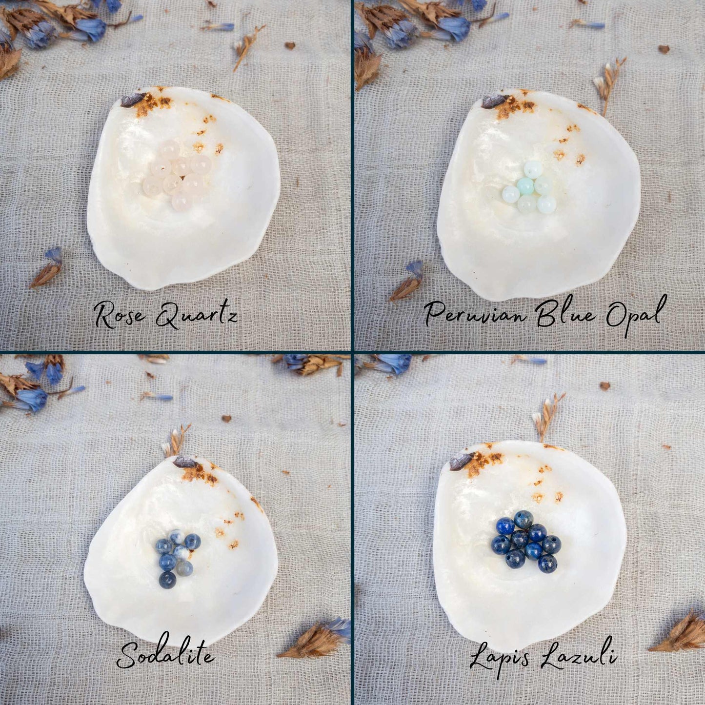 Crystals available being shown: Rose quartz, peruvian blue opal, sodalite, lapis lazuli