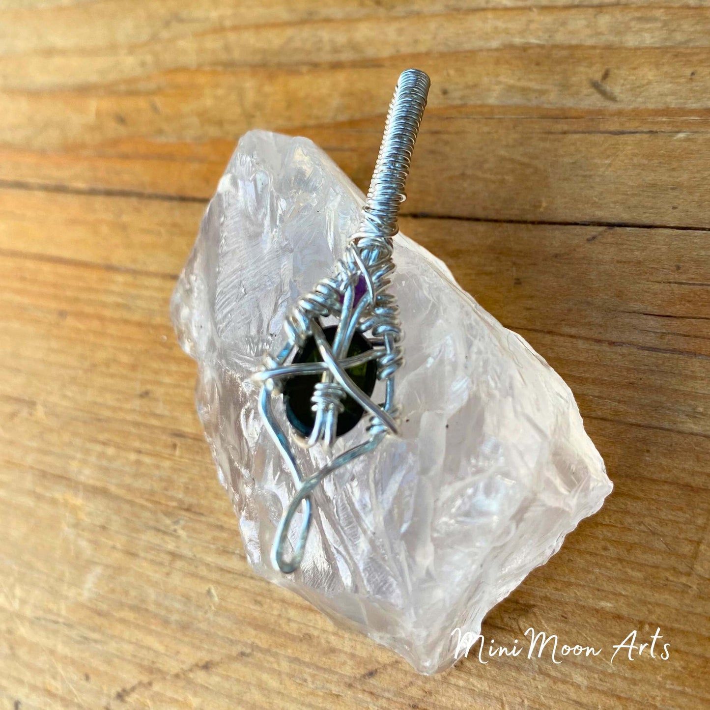 Dark Green Tourmaline & Amethyst Silver Filled Wire Wrapped Pendant
