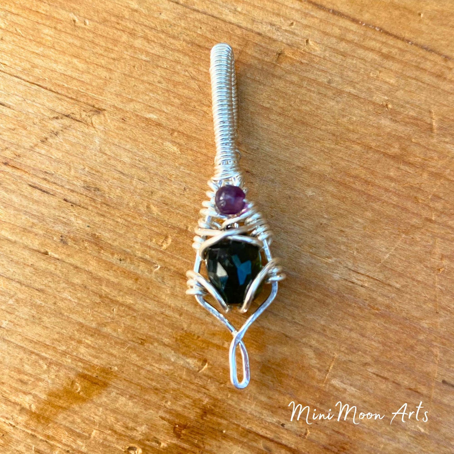 Dark Green Tourmaline & Amethyst Silver Filled Wire Wrapped Pendant