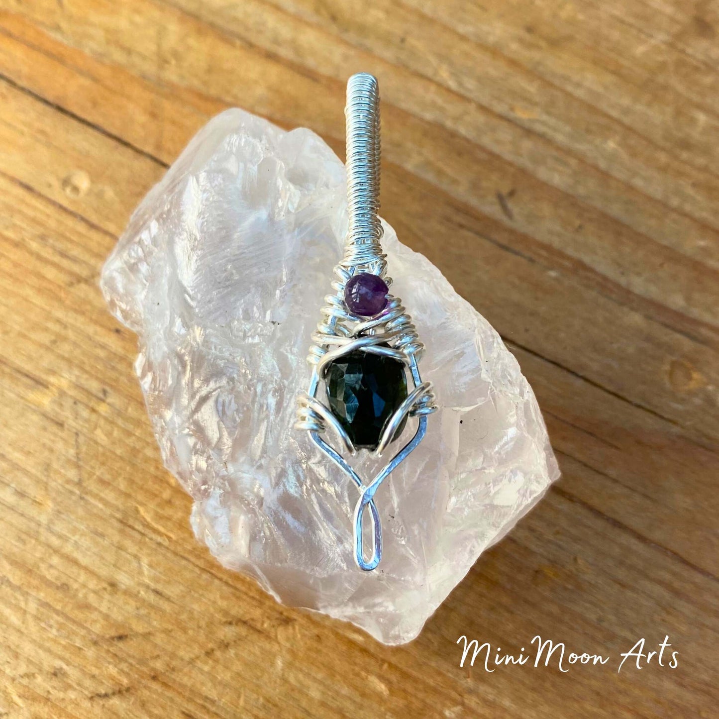 Dark Green Tourmaline & Amethyst Silver Filled Wire Wrapped Pendant