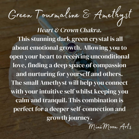 Dark Green Tourmaline & Amethyst Silver Filled Wire Wrapped Pendant