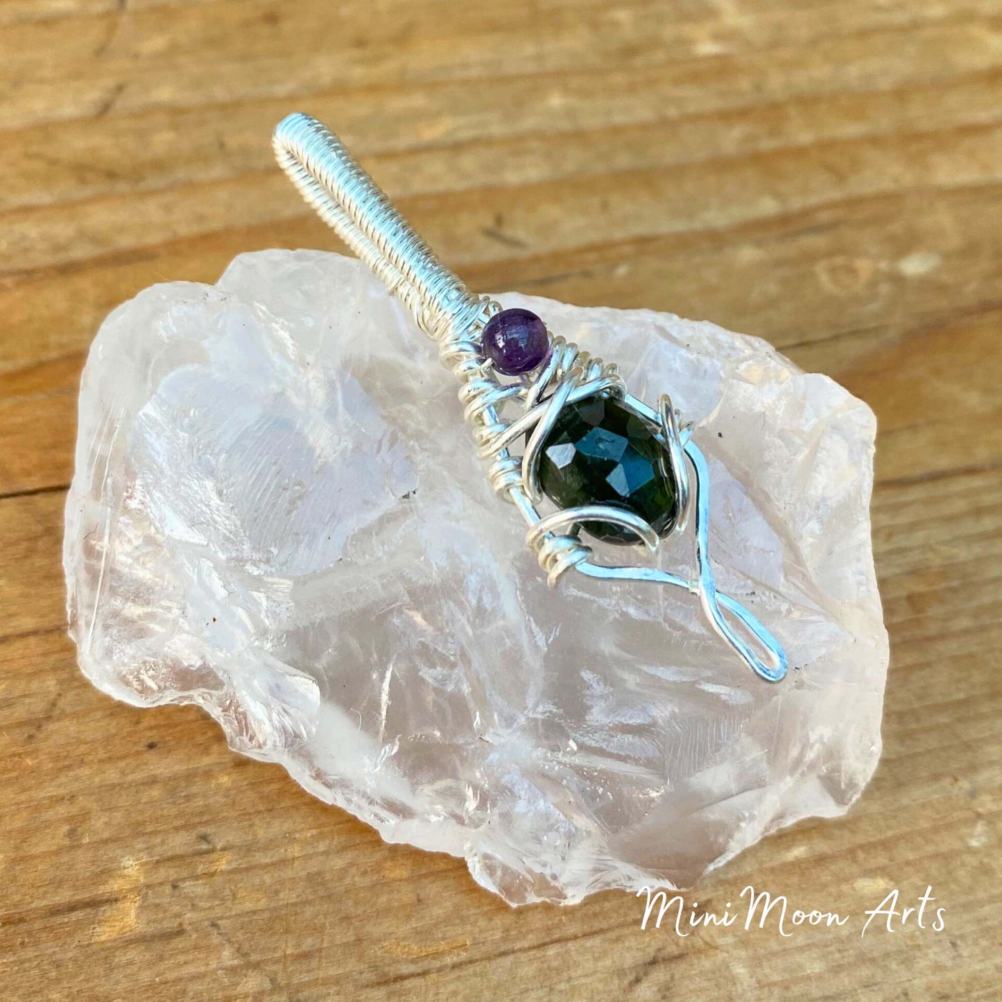 Dark Green Tourmaline & Amethyst Silver Filled Wire Wrapped Pendant