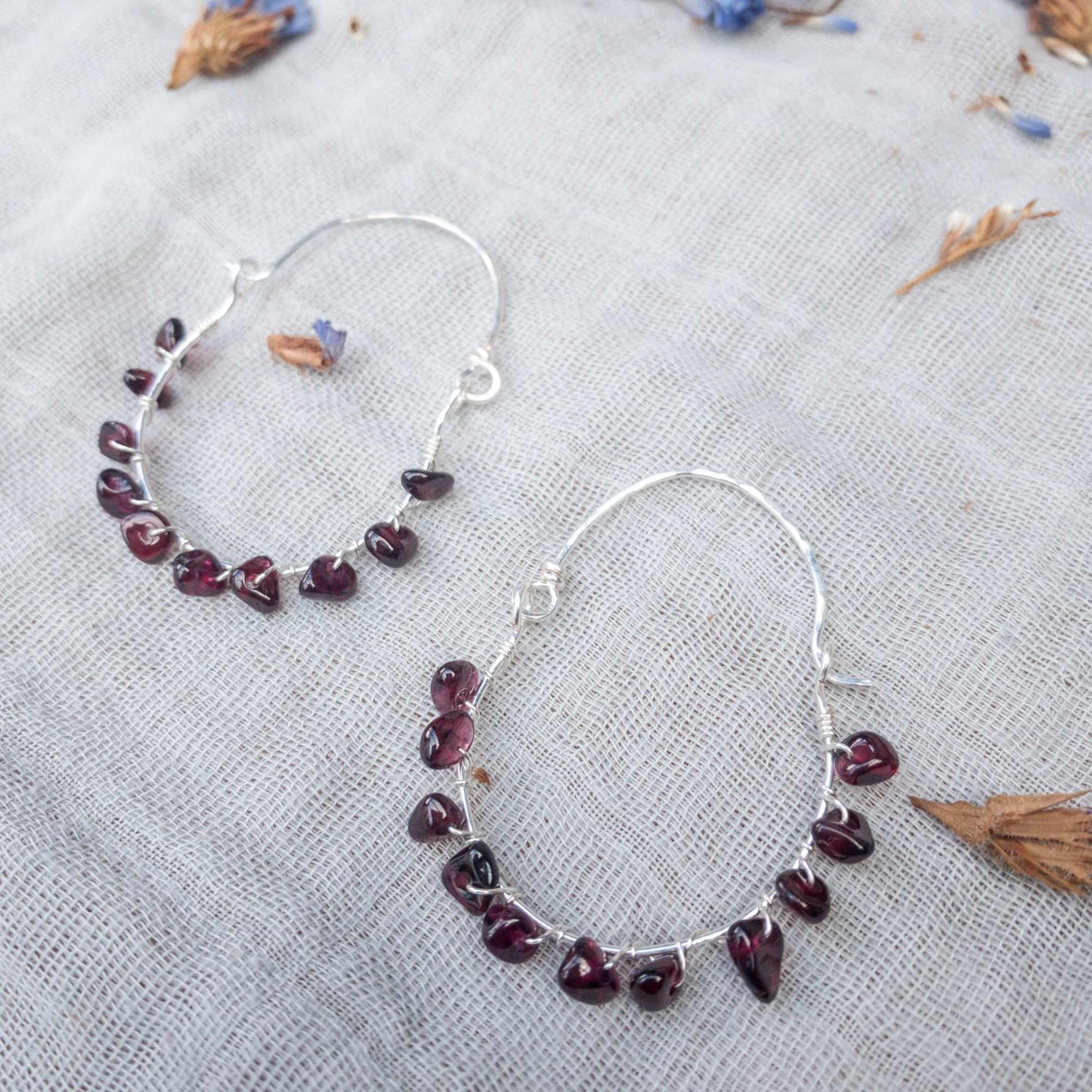 handwoven red garnet hoop earrings in silver filled wire