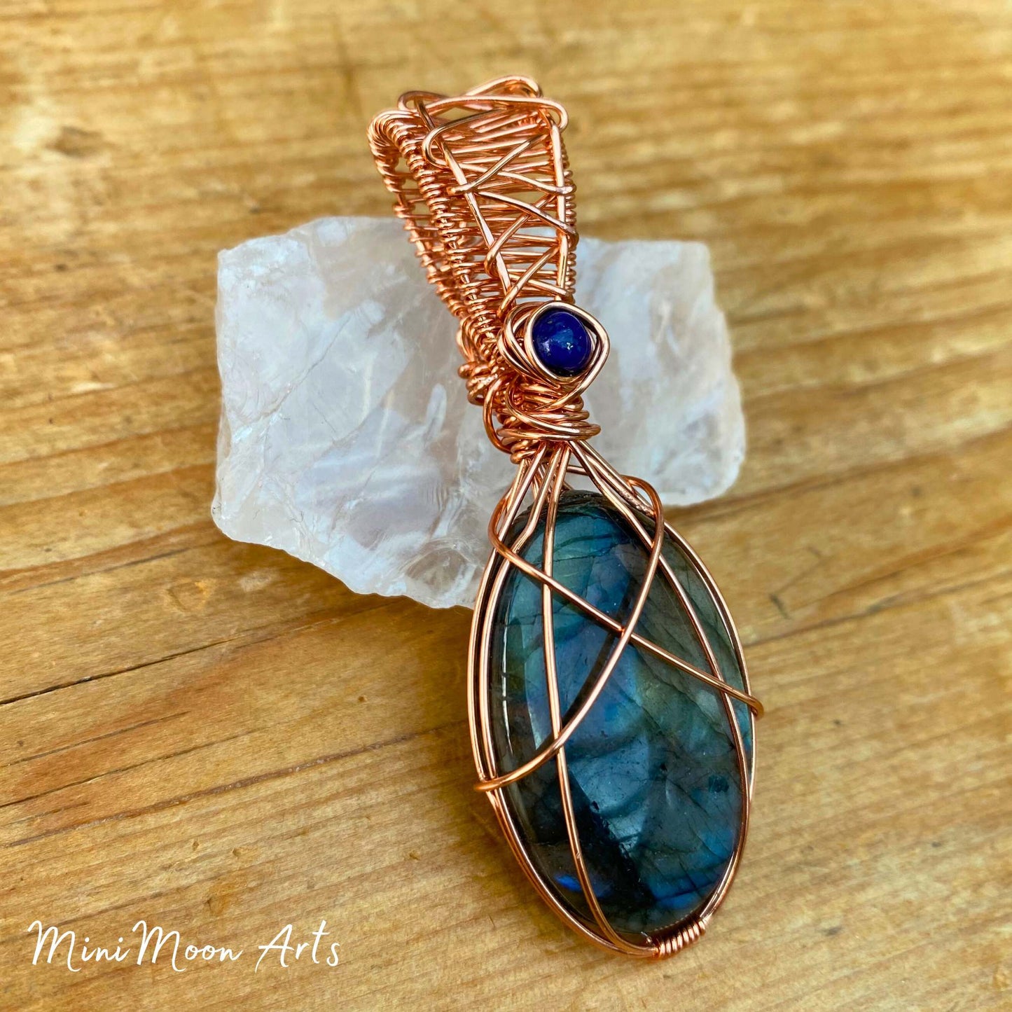 Labradorite & Lapis Lazuli Bright Copper Wire Wrapped Pendant
