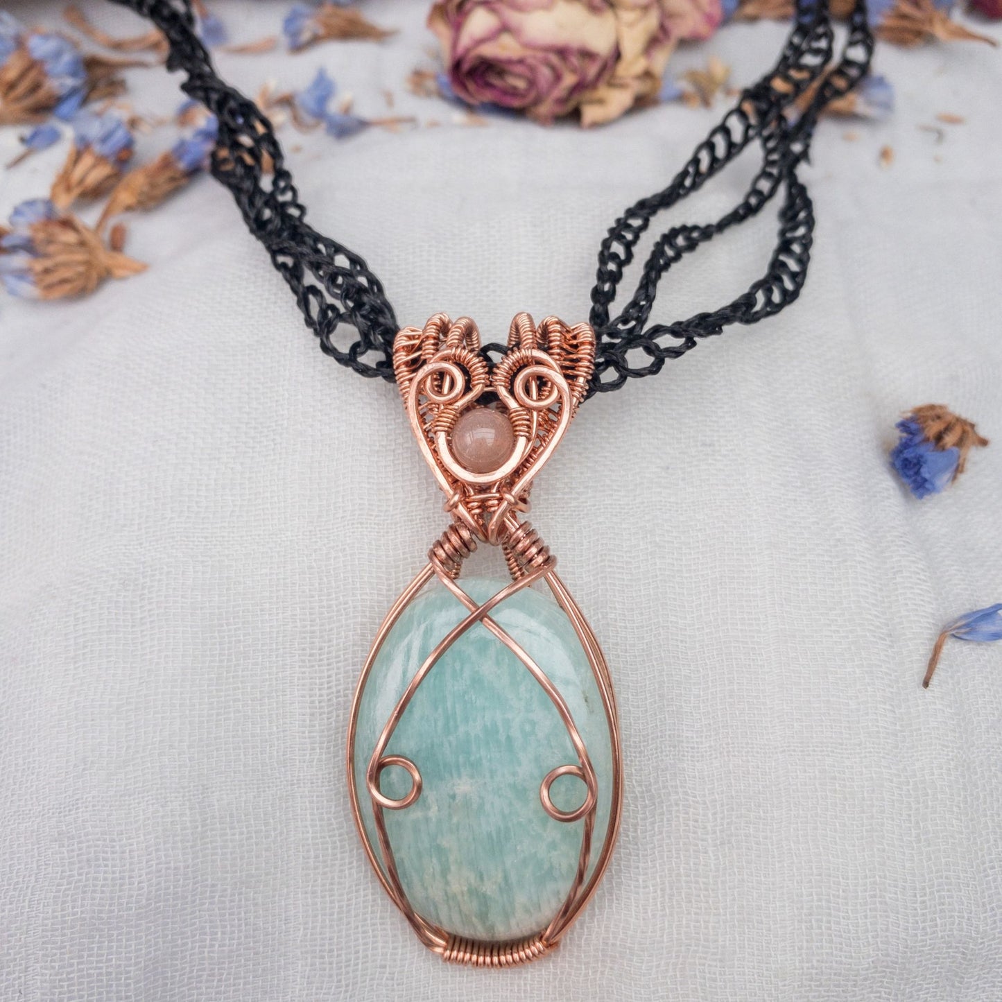 large amazonite and sunstone art deco style pendant on hand crochet vegan silk chain