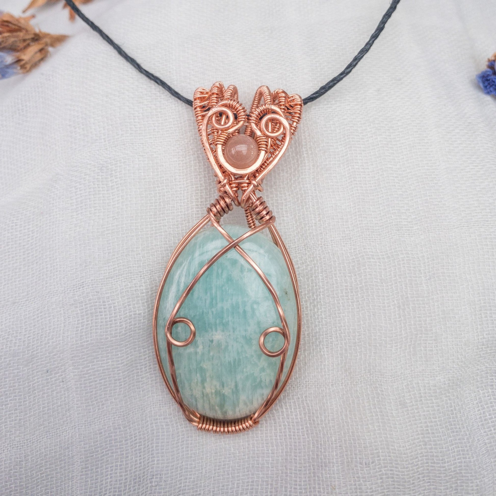 large amazonite and sunstone art deco style pendant on hemp cord