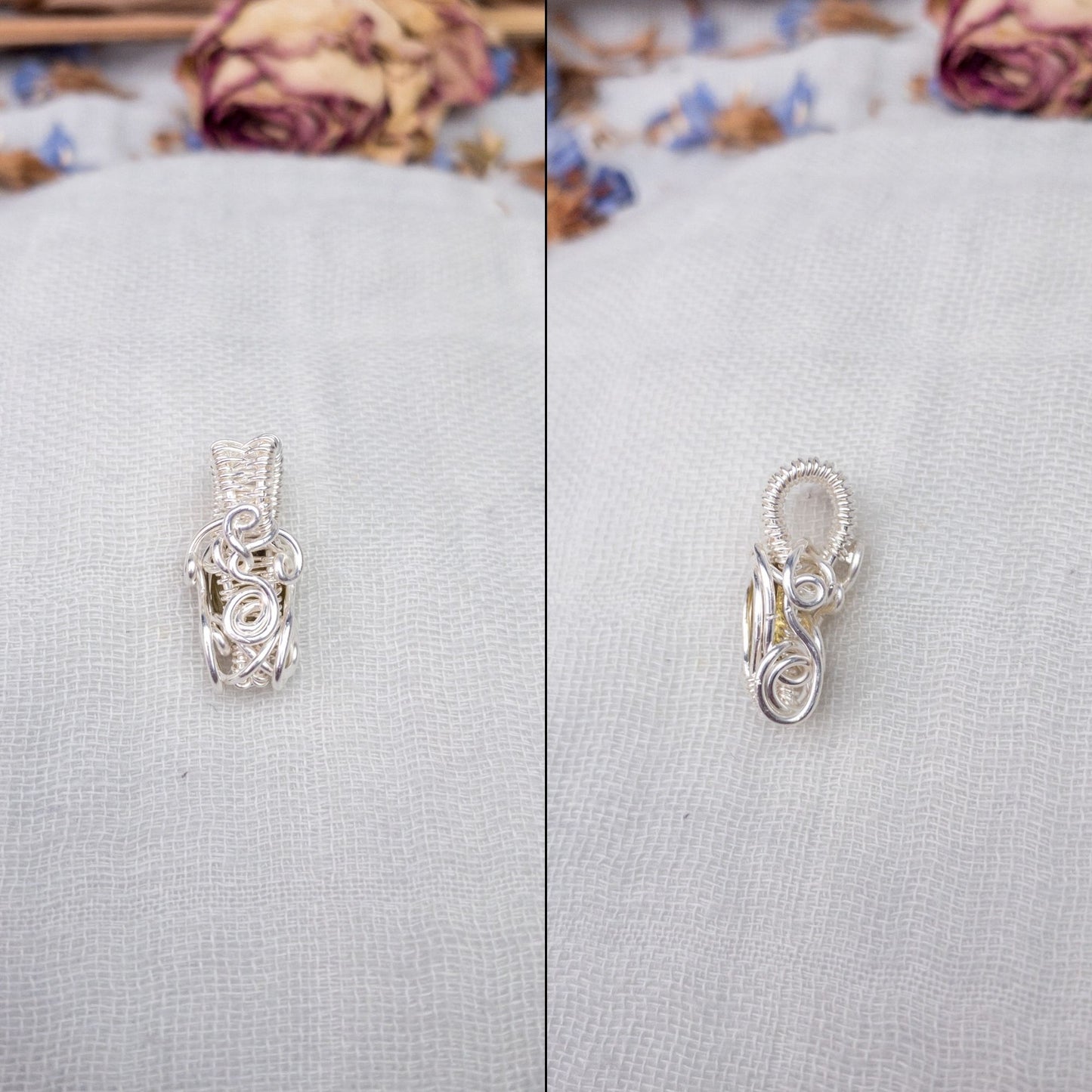 light green tourmaline wire wrapped in silver filled wire delicate art deco style back and side view