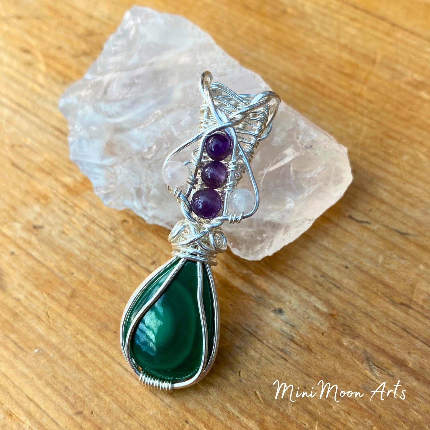 Malachite, Amethyst & Rose Quartz Silver Filled Wire Wrapped Pendant