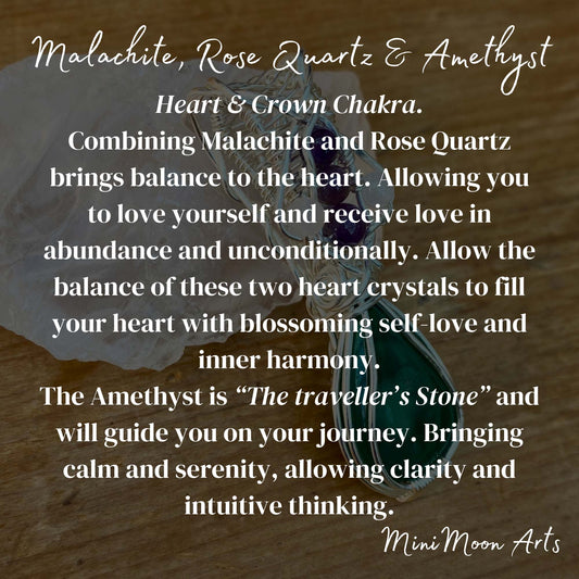 Malachite, Amethyst & Rose Quartz Silver Filled Wire Wrapped Pendant