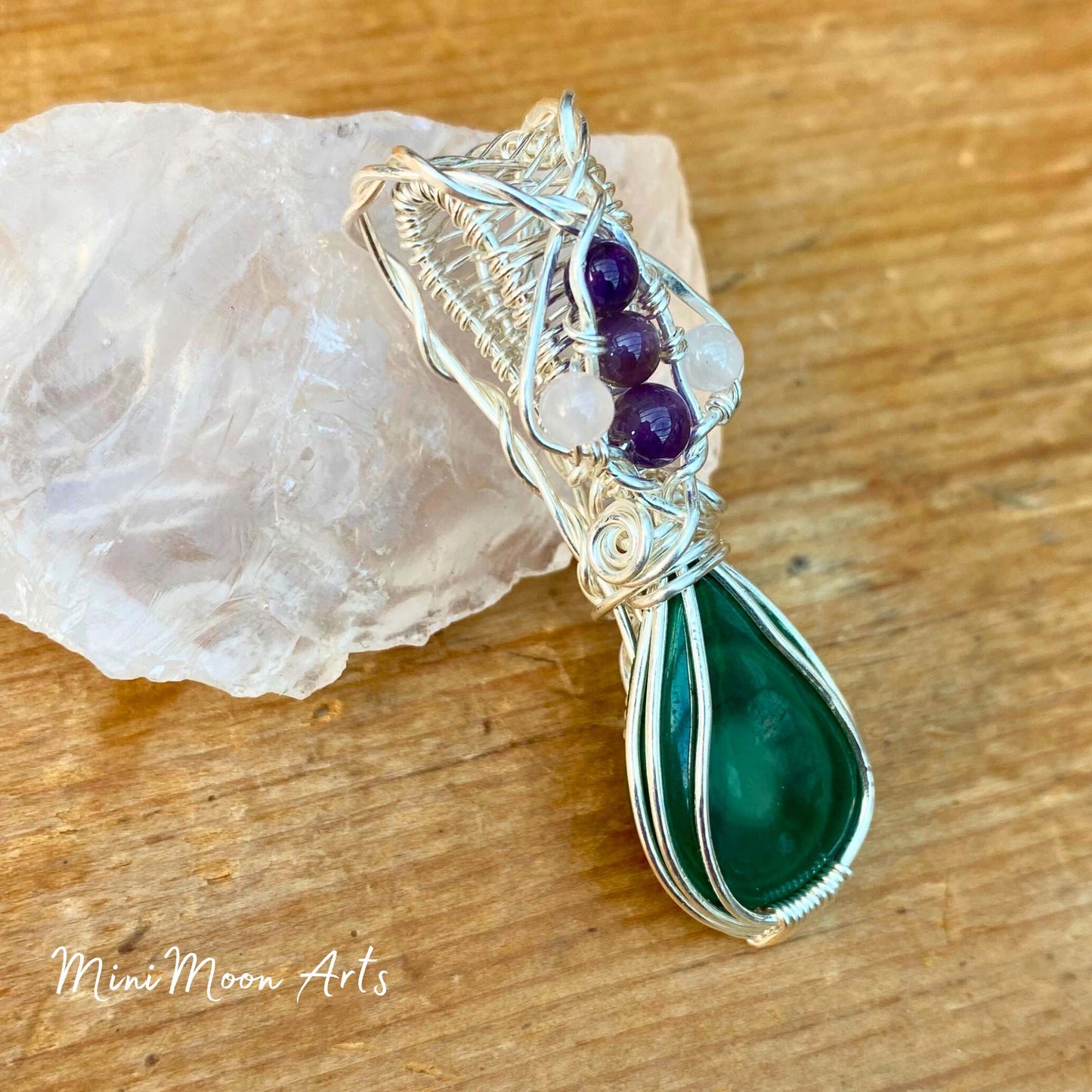 Malachite, Amethyst & Rose Quartz Silver Filled Wire Wrapped Pendant
