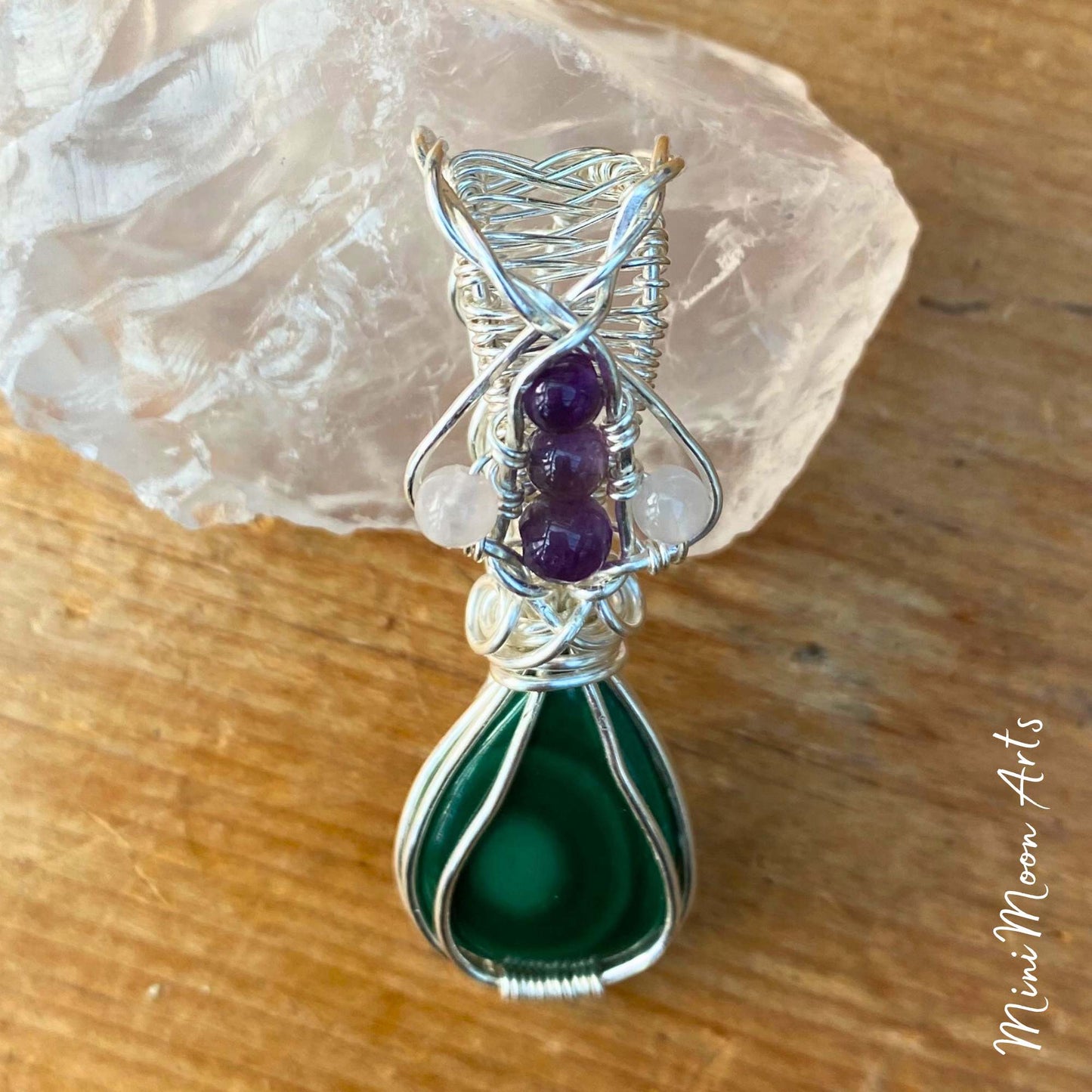 Malachite, Amethyst & Rose Quartz Silver Filled Wire Wrapped Pendant