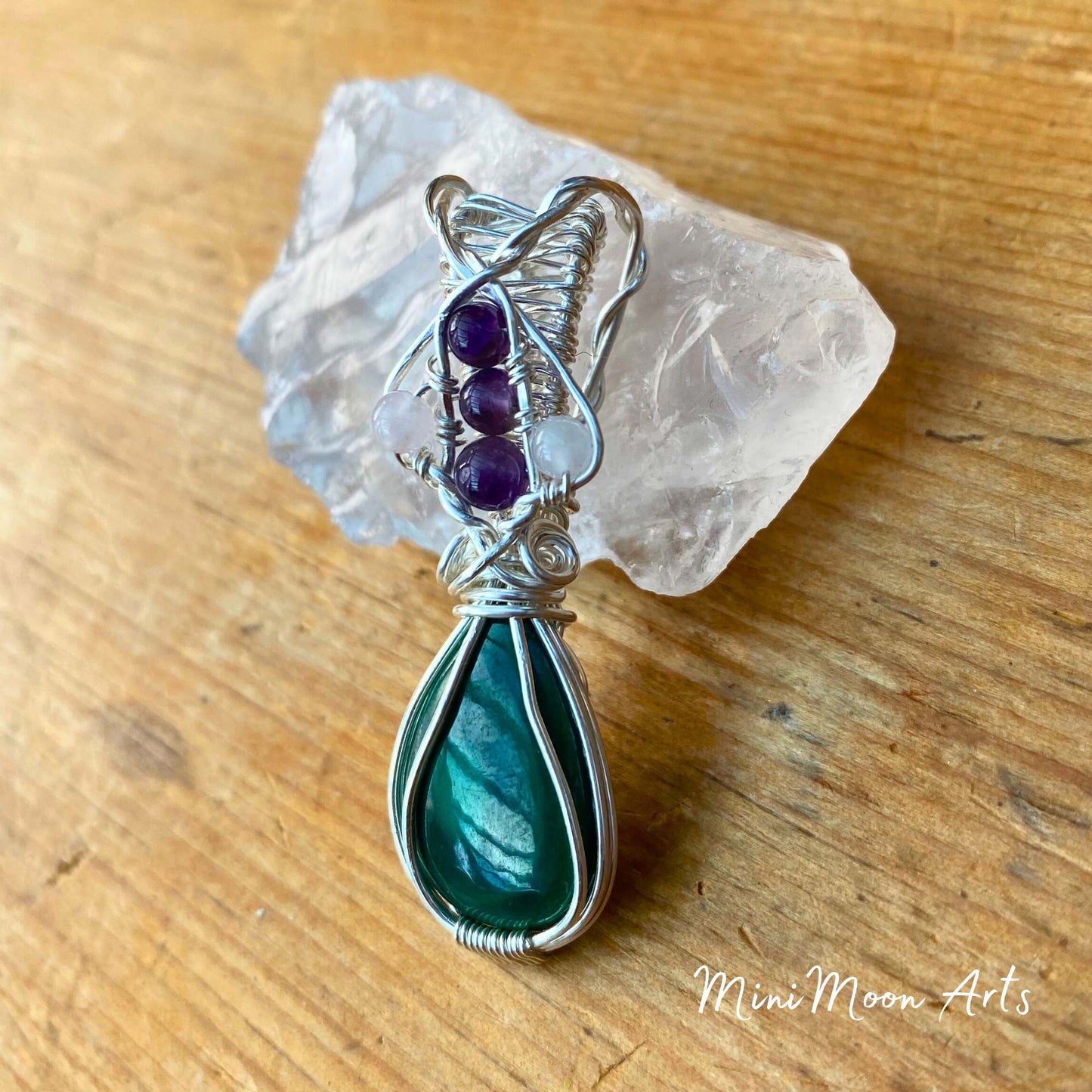 Malachite, Amethyst & Rose Quartz Silver Filled Wire Wrapped Pendant