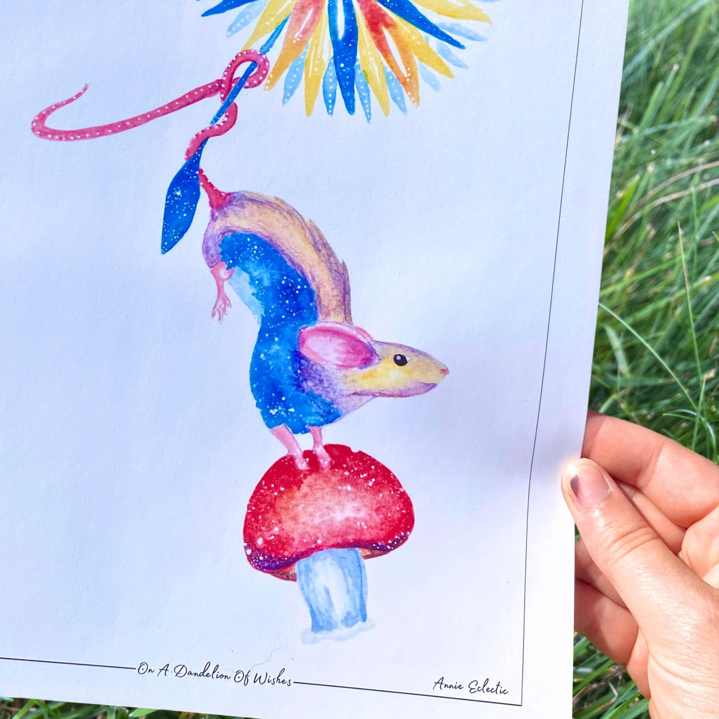 "On A Dandelion Of Wishes" - Little Mouse & Mushroom Watercolour Paint Art Print