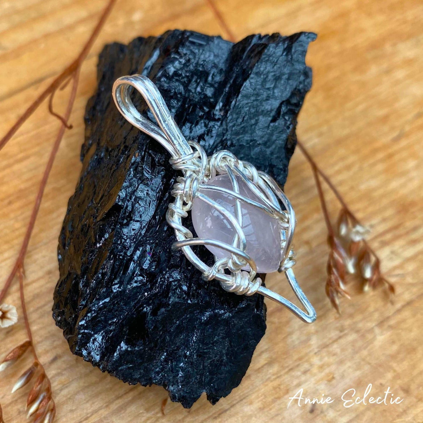 Rose Quartz Silver Filled Wire Wrapped Pendant