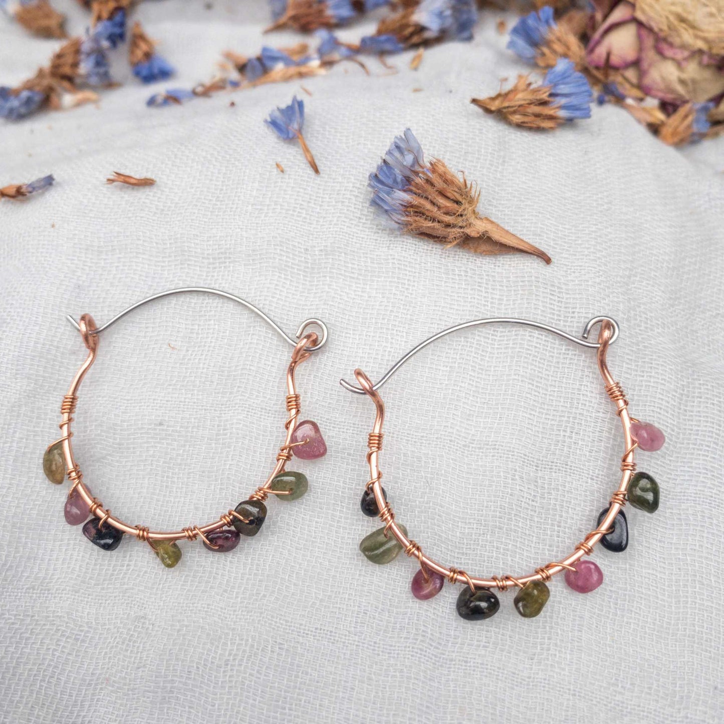 watermelon tourmaline wire wrapped handmade hoop earrings