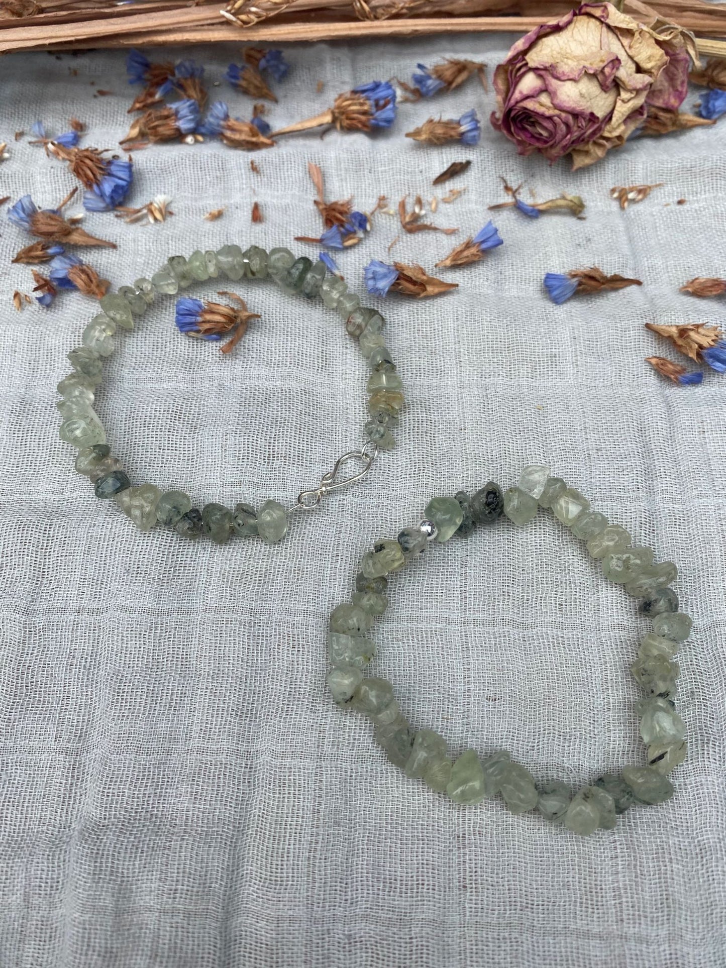 Prehnite bracelet one stretch cord one memory wire with silver handmade clasp