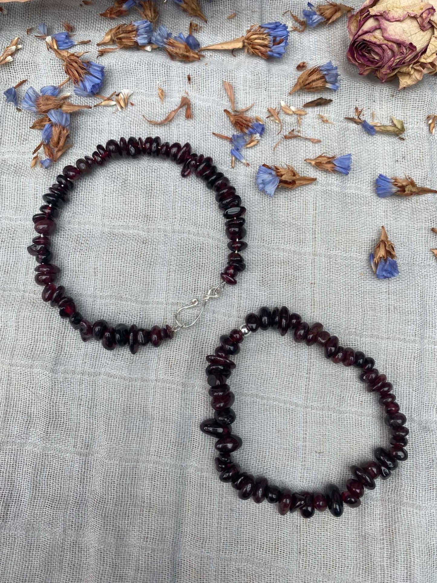 Red garnet bracelet one stretch cord one memory wire with silver handmade clasp