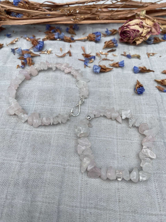 Rose Quartz bracelet one stretch cord one memory wire with silver handmade clasp