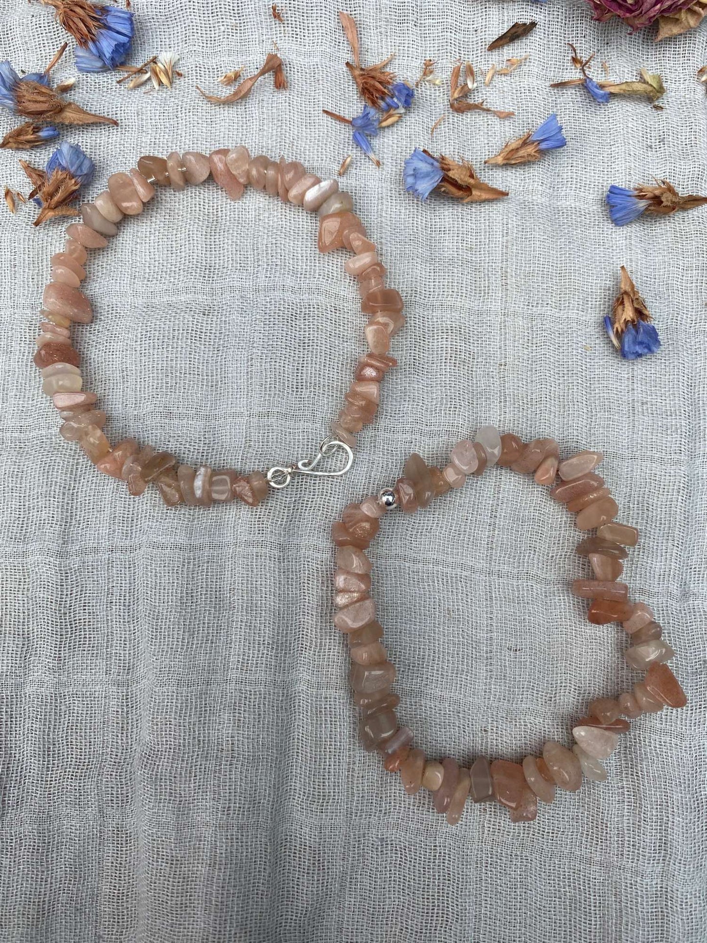 sunstone bracelet one stretch cord one memory wire with silver handmade clasp