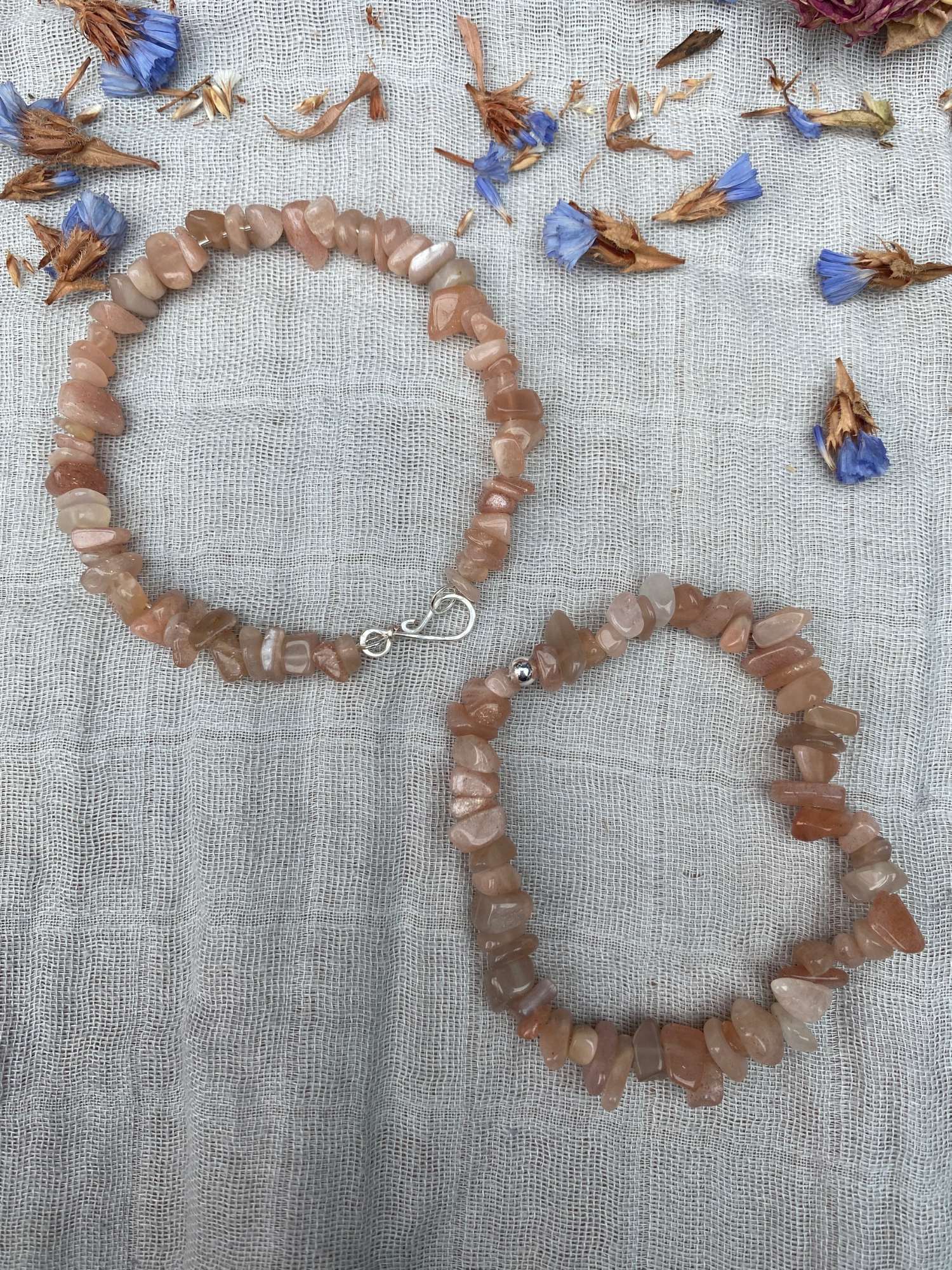 sunstone bracelet one stretch cord one memory wire with silver handmade clasp